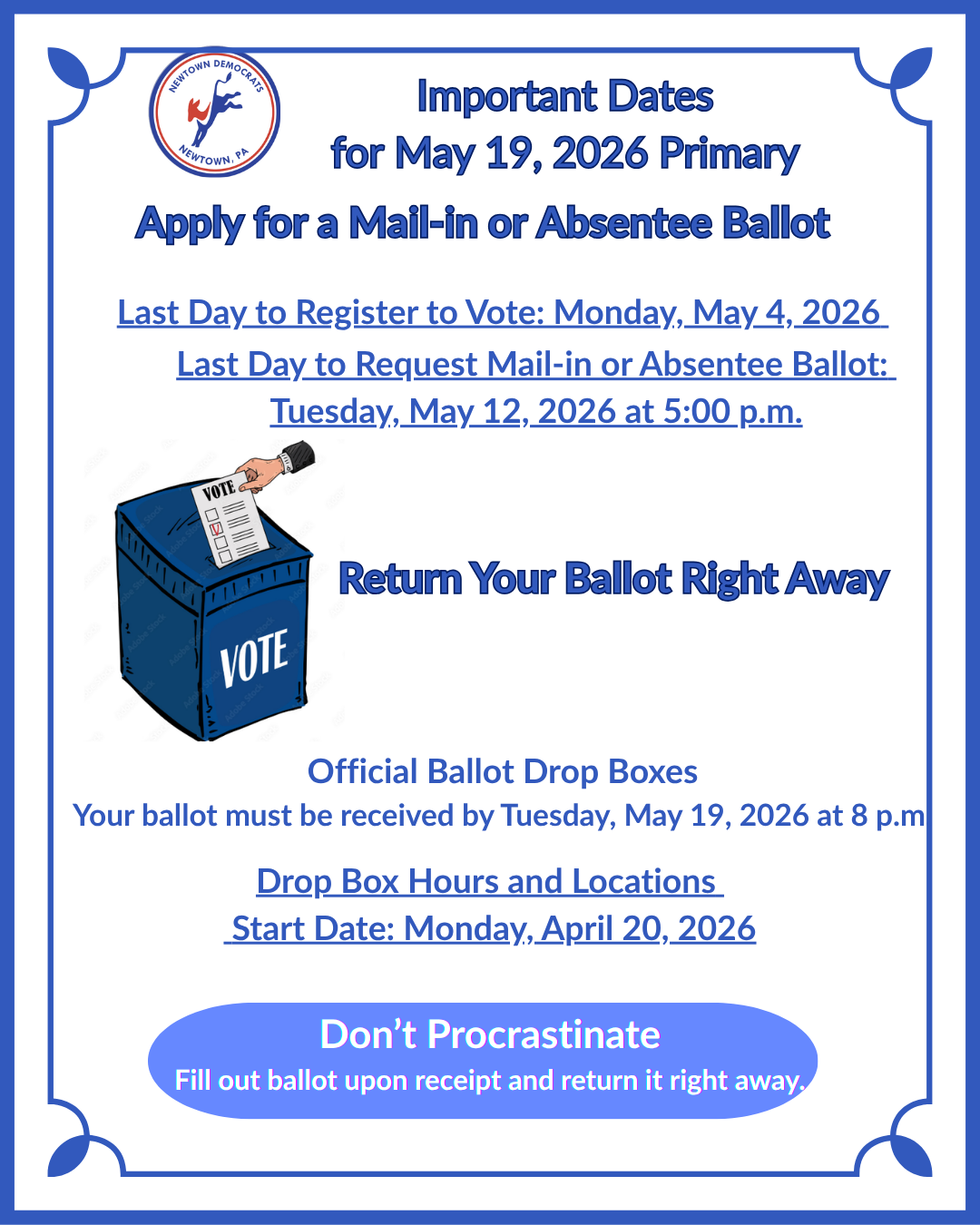 Important dates for PA Primary – May 19, 2026 - Newtown Democrats